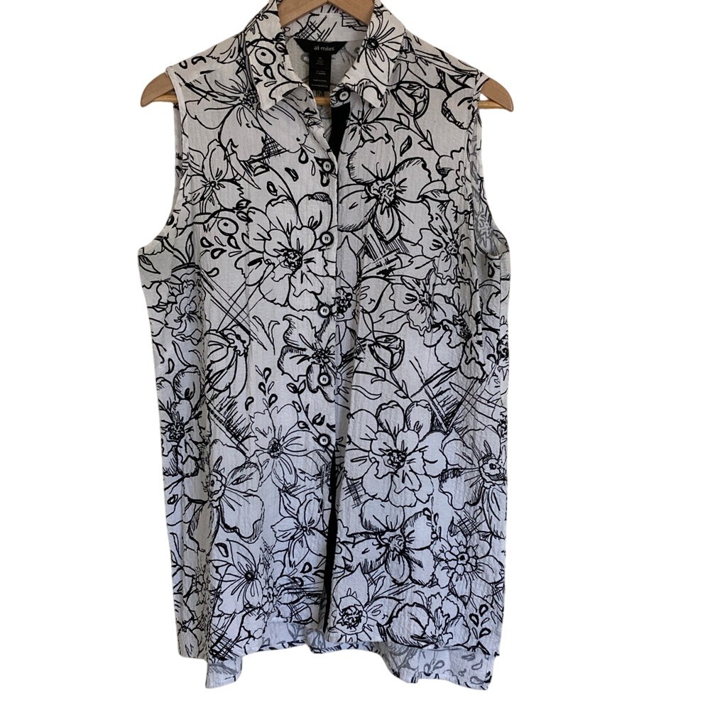ALI MILES Sz M Black White Button Front‎ Artsy Sleeveless Gauzy Tunic Blouse